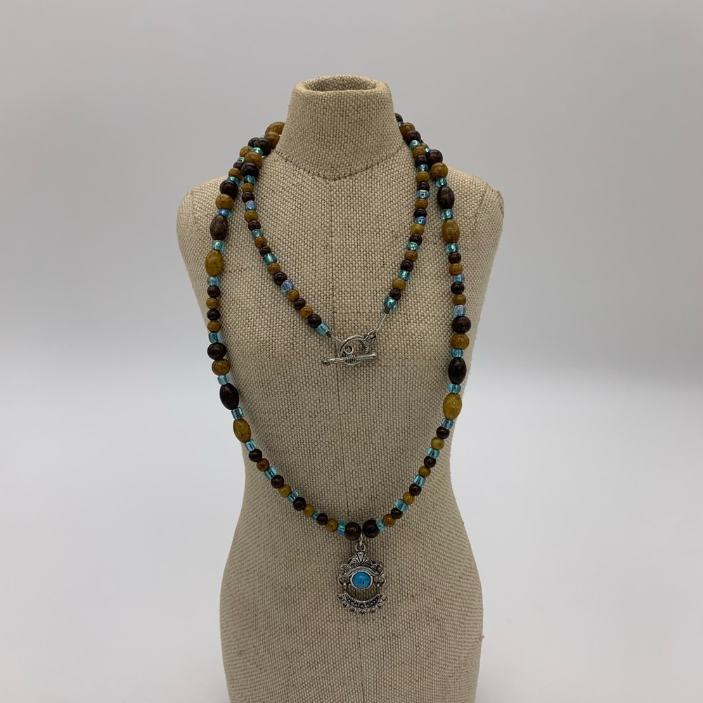 Handcrafted Boho Navajo Necklace 24” With Brown Tan Turquoise Beads & Pendant